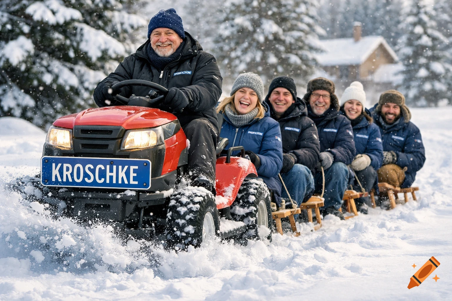 A group of cheerful people on sleds are pulled by a red lawn tractor through deep snow in a snowy winter landscape.