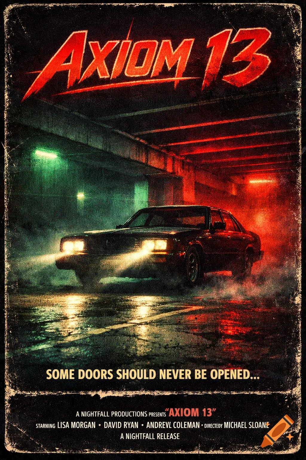 A vintage-style horror film poster for 'Axiom 13' featuring a dark sedan with headlights on, parked in a wet, dimly lit concrete garage with red and green lighting.