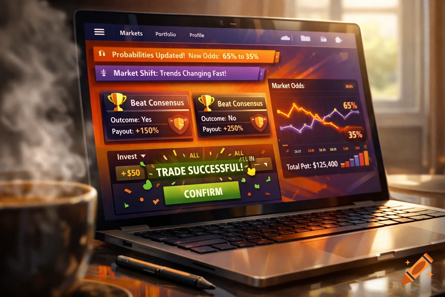 A close-up, dynamic side-angle shot of a laptop screen displaying a vibrant orange and deep purple trading interface with market data, graphs, and 'Trade Successful' confetti. A coffee cup and pen are blurred in the foreground.