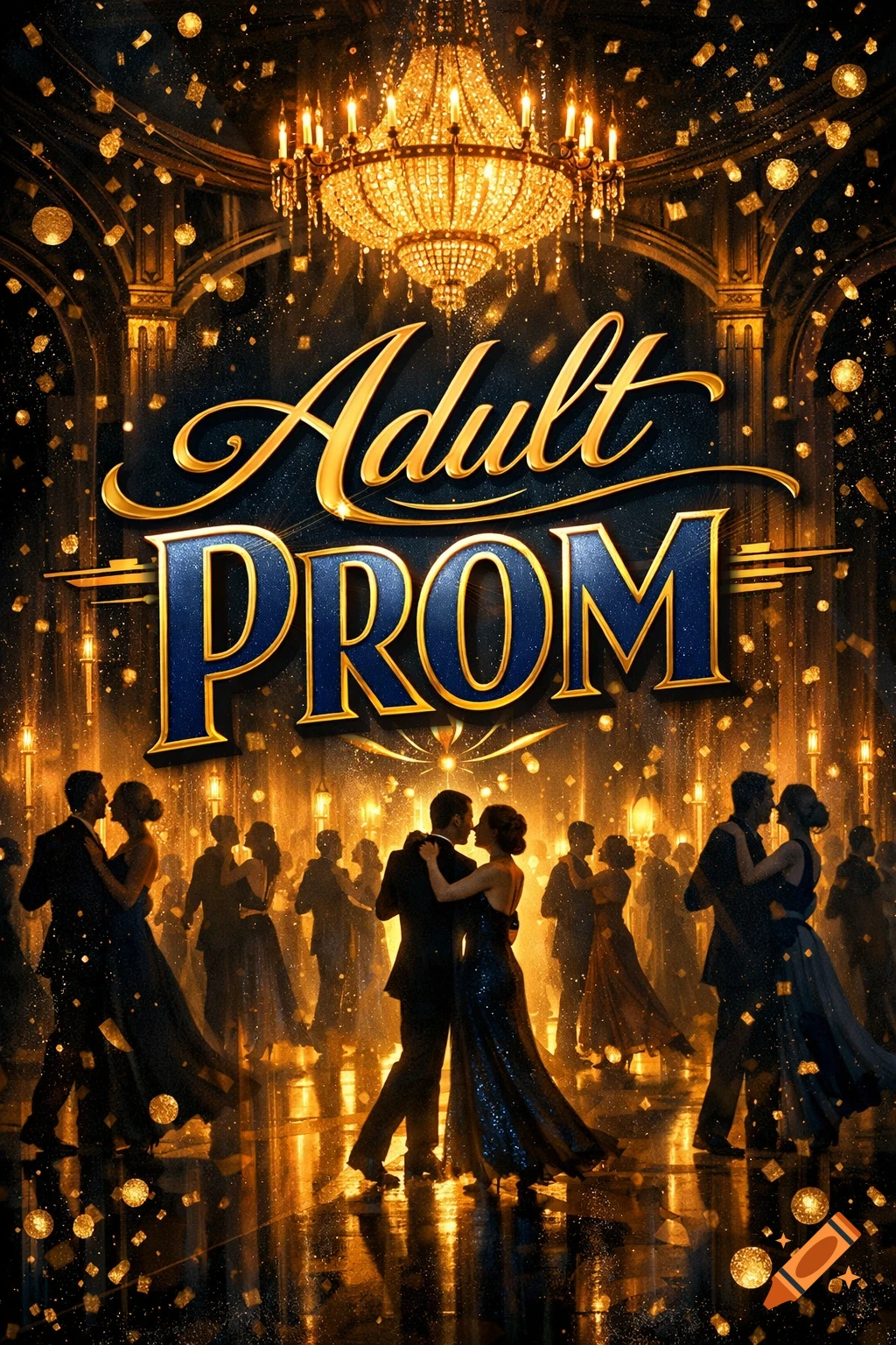 A vibrant poster for "Adult PROM" with couples dancing in elegant attire under a sparkling chandelier and falling golden confetti.