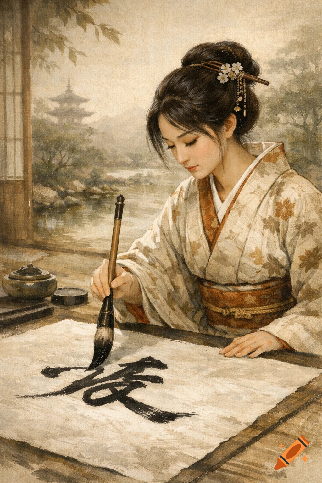 A Japanese woman in traditional kimono creates calligraphy with a brush on a scroll, set in a serene, painterly scene.