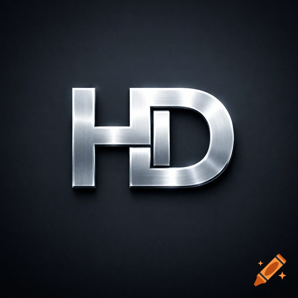 Brushed silver metallic letters 'HD' forming a logo on a dark background.