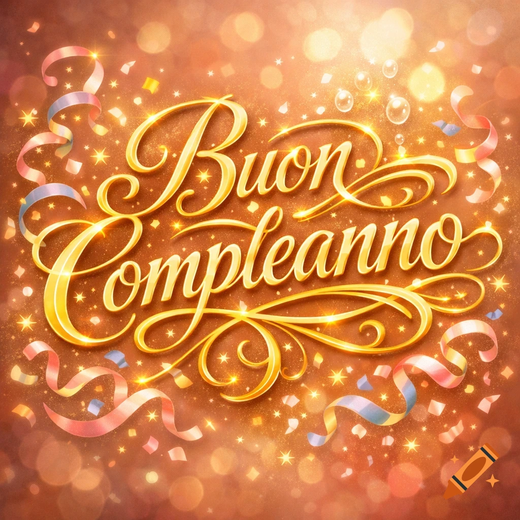 Gold 'Buon Compleanno' (Happy Birthday) text with sparkling confetti and bokeh lights on a warm, festive background.
