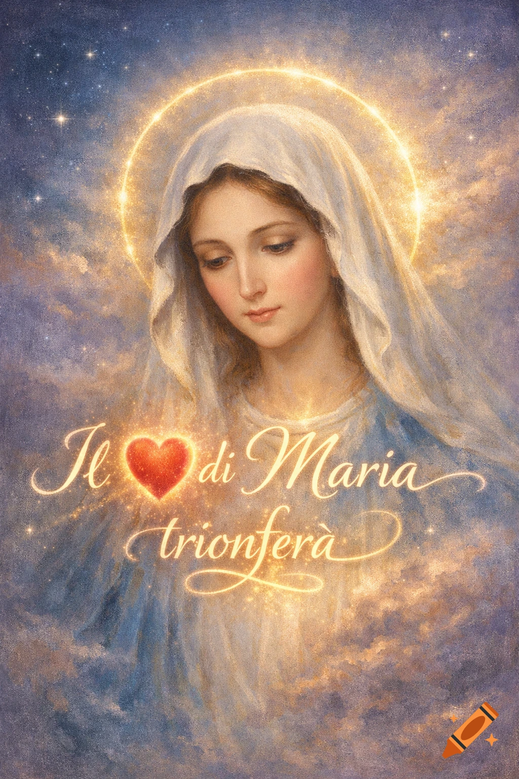 Painting of Mary with a halo, looking down, amidst glowing clouds and stars. Text 'Il ❤️ di Maria trionferà' shines below her.