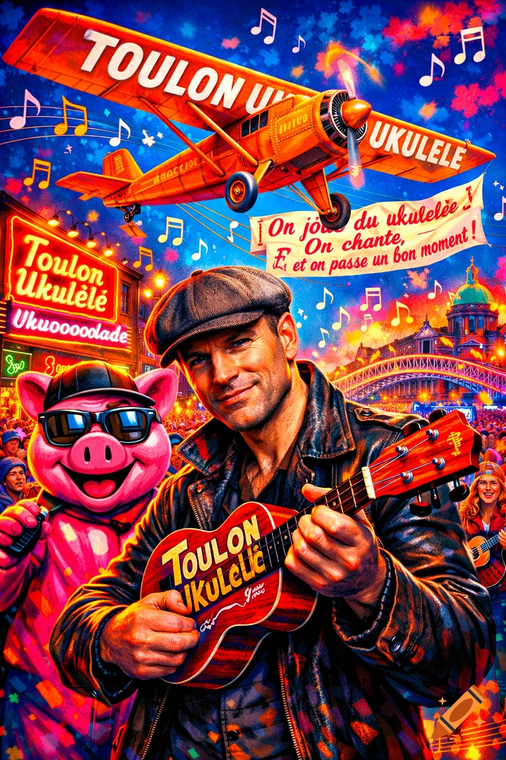 An ultra-saturated, pop art style poster featuring a man playing a ukulele, a pink pig mascot, and a biplane flying overhead, all amidst a festive crowd with musical notes in the sky.