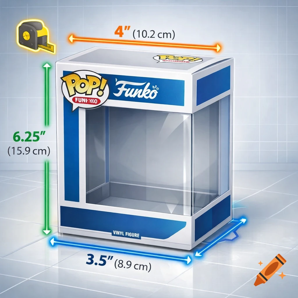 An illustration of an empty Funko Pop box, showing its height (6.25 inches), width (4 inches), and depth (3.5 inches) with a tape measure.