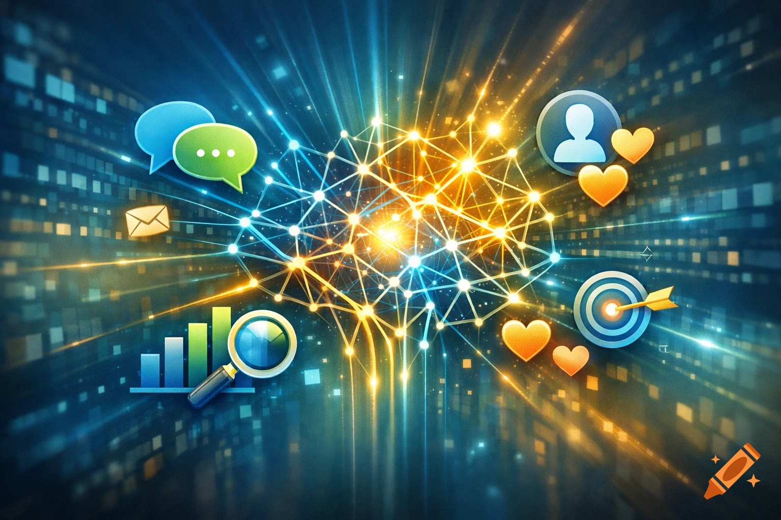 Abstract digital illustration of a glowing brain-like network surrounded by marketing and communication icons.