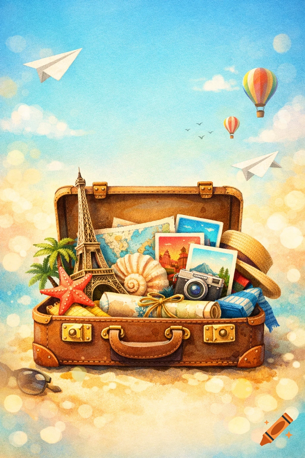 An open vintage suitcase on sand, overflowing with travel items like the Eiffel Tower, maps, camera, seashell, and a straw hat. Paper planes and hot air balloons float in the blue sky above, in a watercolor illustration style.