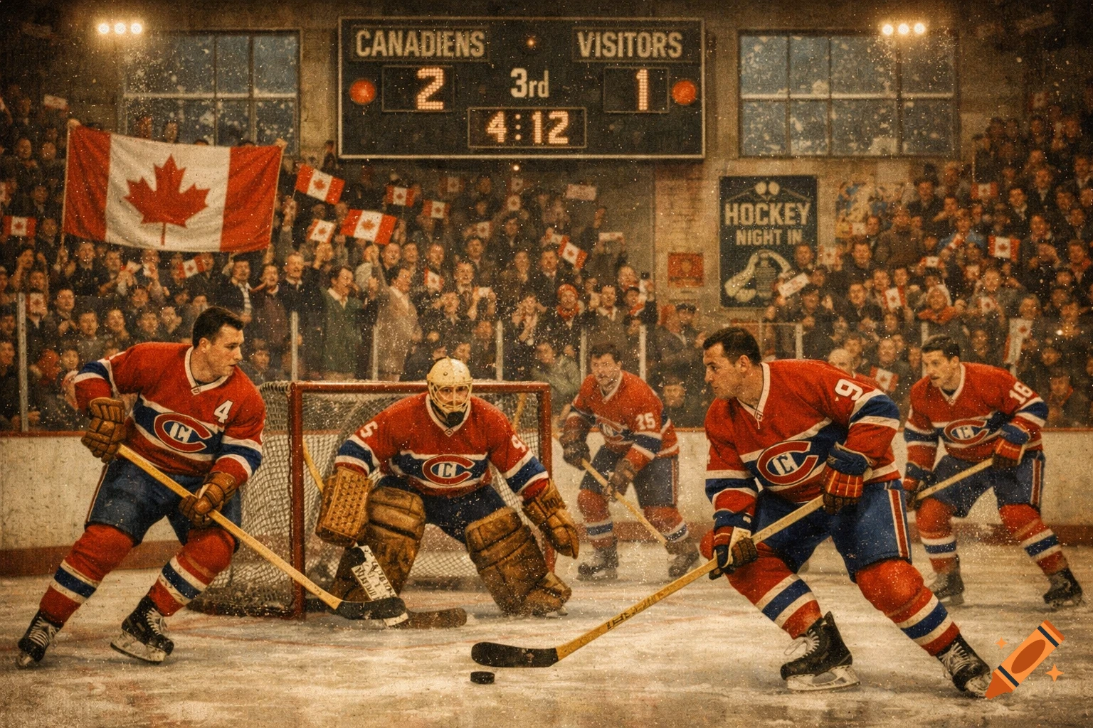 A vintage painting of a Montreal Canadiens hockey game with players on the ice, a goalie, fans in the stands, and a scoreboard showing 'Canadiens 2, Visitors 1'.