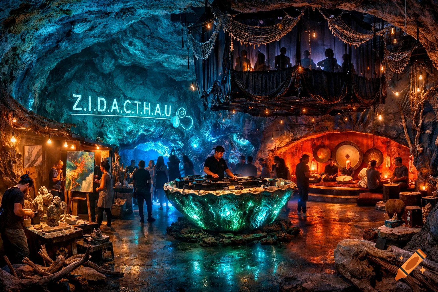 Vibrant underground cave venue with a DJ, artists, and people under blue neon and warm orange lighting.