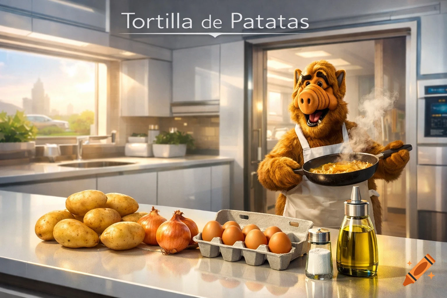 The cartoon character ALF cooks in a futuristic kitchen with potatoes, onions, and eggs. Text reads "Tortilla de Patatas".