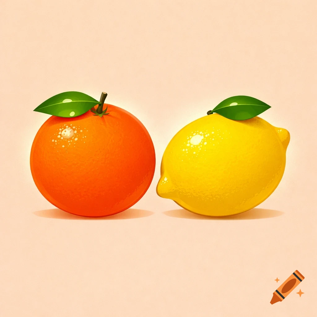 A minimalist illustration of an orange and a lemon with green leaves, side-by-side on a light background.