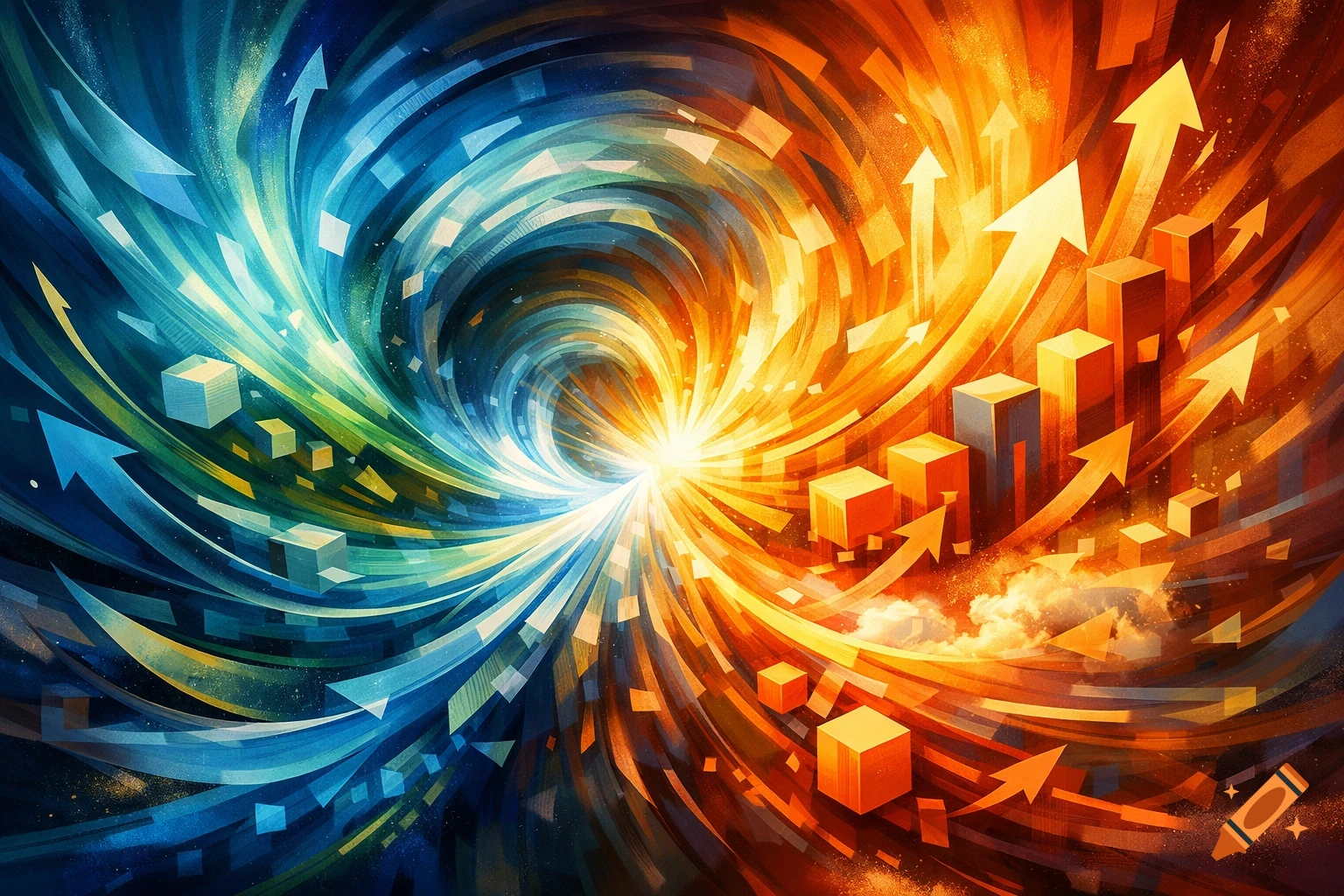 Dynamic abstract swirl of blue and orange, with upward arrows, bar graphs, and cubes, meeting at a bright center.