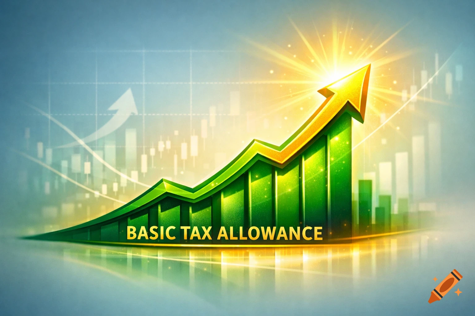 Vibrant 3D green arrow graph rising, shining golden tip, with 'BASIC TAX ALLOWANCE' text on it, over background of financial charts.
