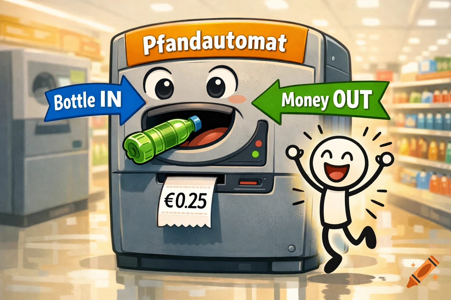 Cartoon illustration of a Pfandautomat accepting a bottle, dispensing a A 0.25 ticket, with a happy stick figure. Arrows indicate Bottle IN and Money OUT.