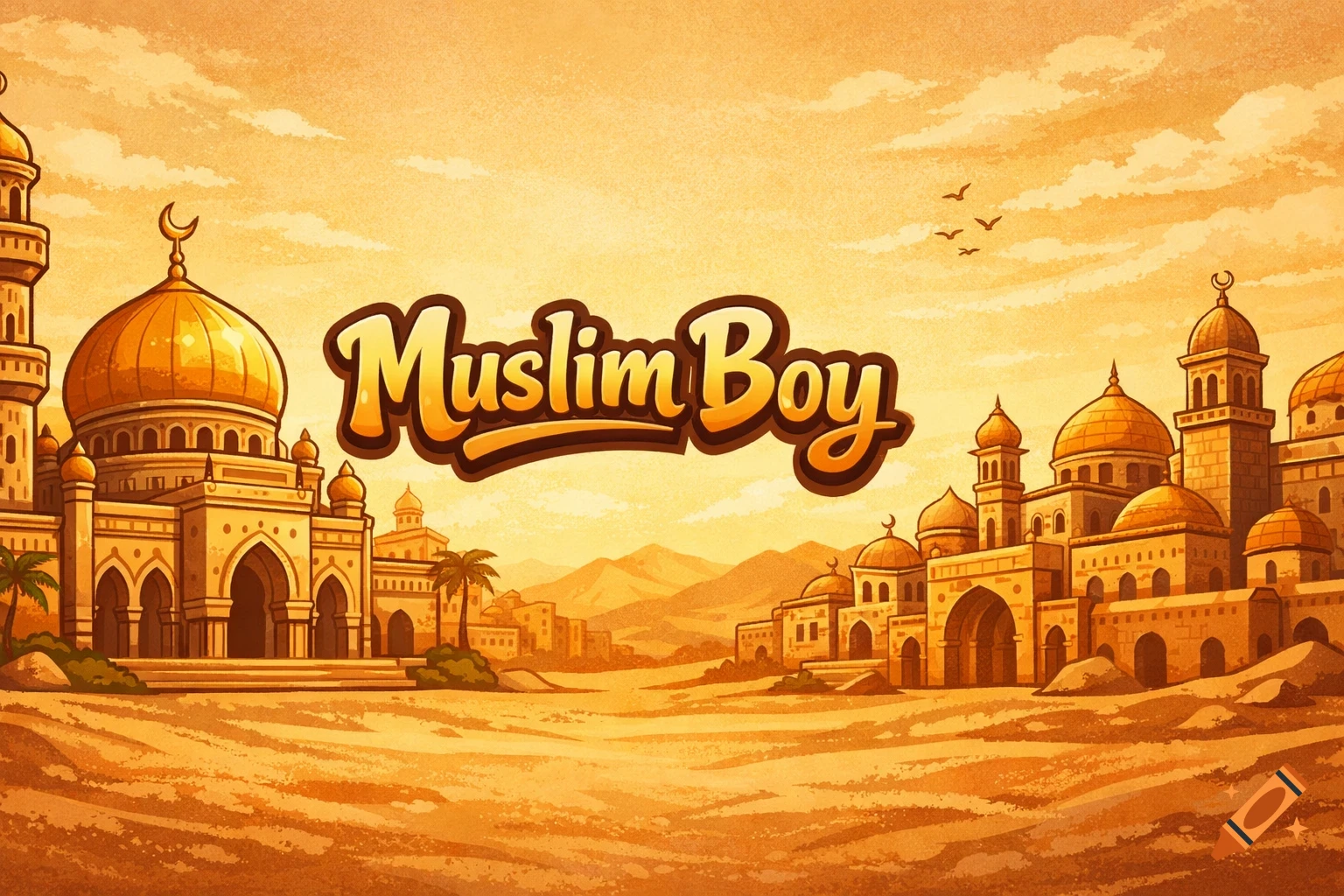 Cartoon desert landscape with a mosque, Arabian city, and "Muslim Boy" text, in warm orange tones.