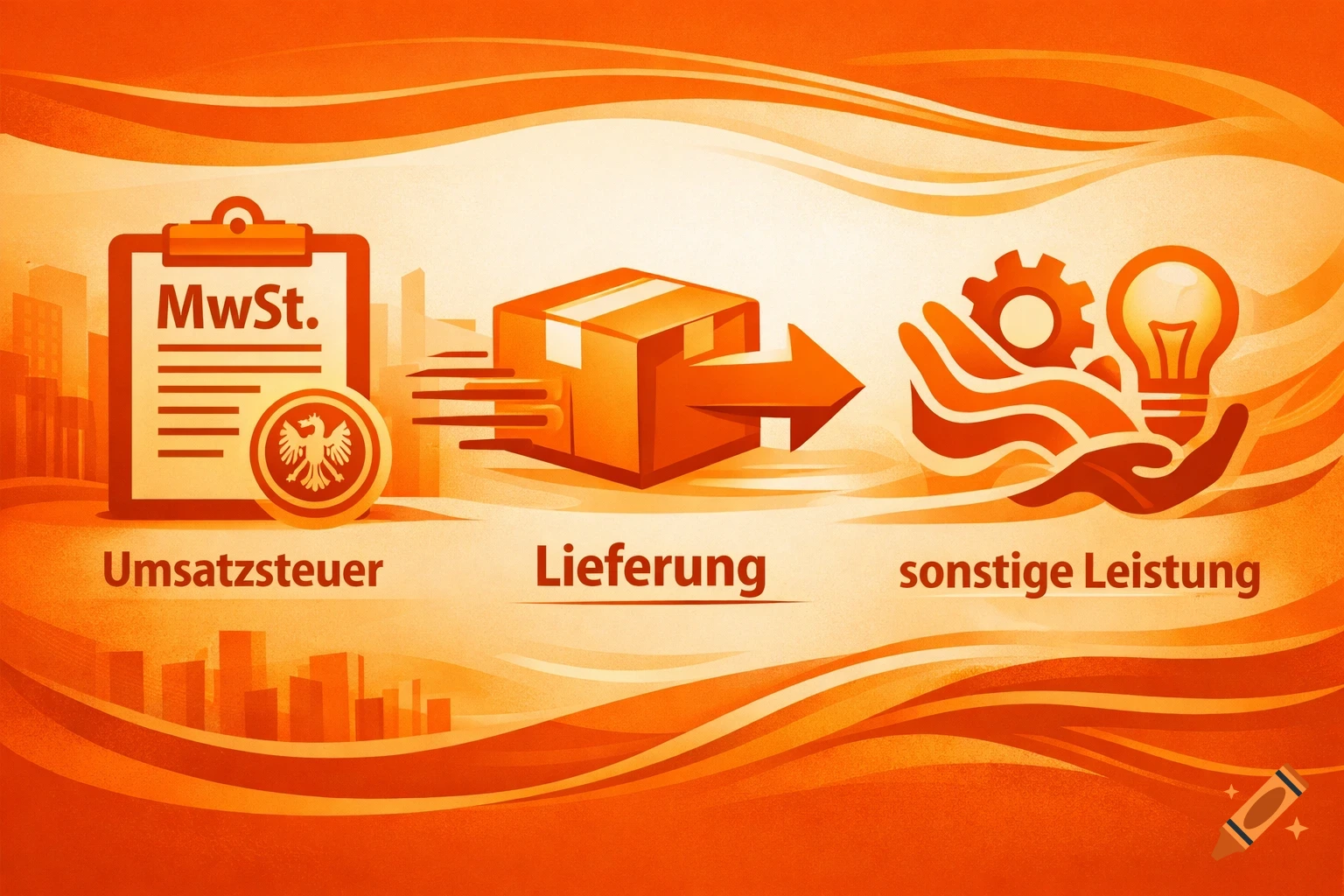 Orange illustration showing business concepts: VAT document, package delivery, and hands with a gear and lightbulb for services.