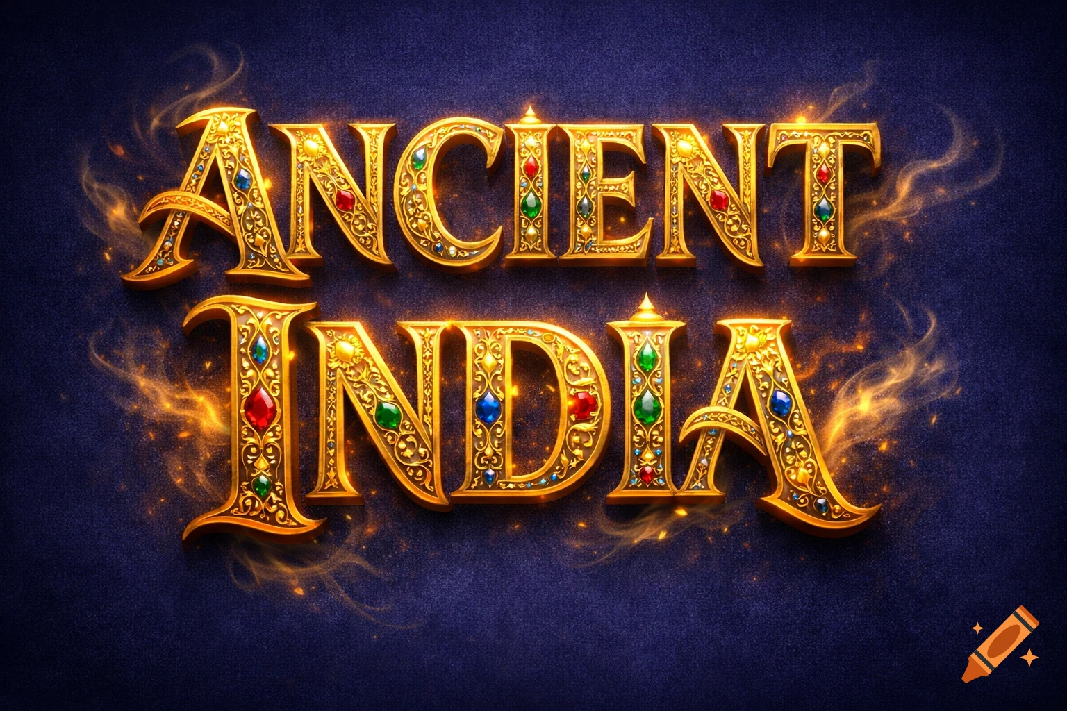 Ornate gold lettering spelling ANCIENT INDIA, adorned with colorful jewels and fiery wisps on a dark blue background.