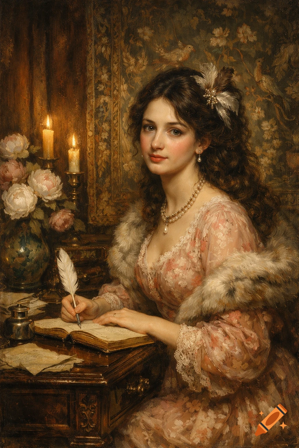 A painterly portrait of a young woman with curly hair, wearing a pink lace dress and fur stole, writing with a quill at a candlelit desk.