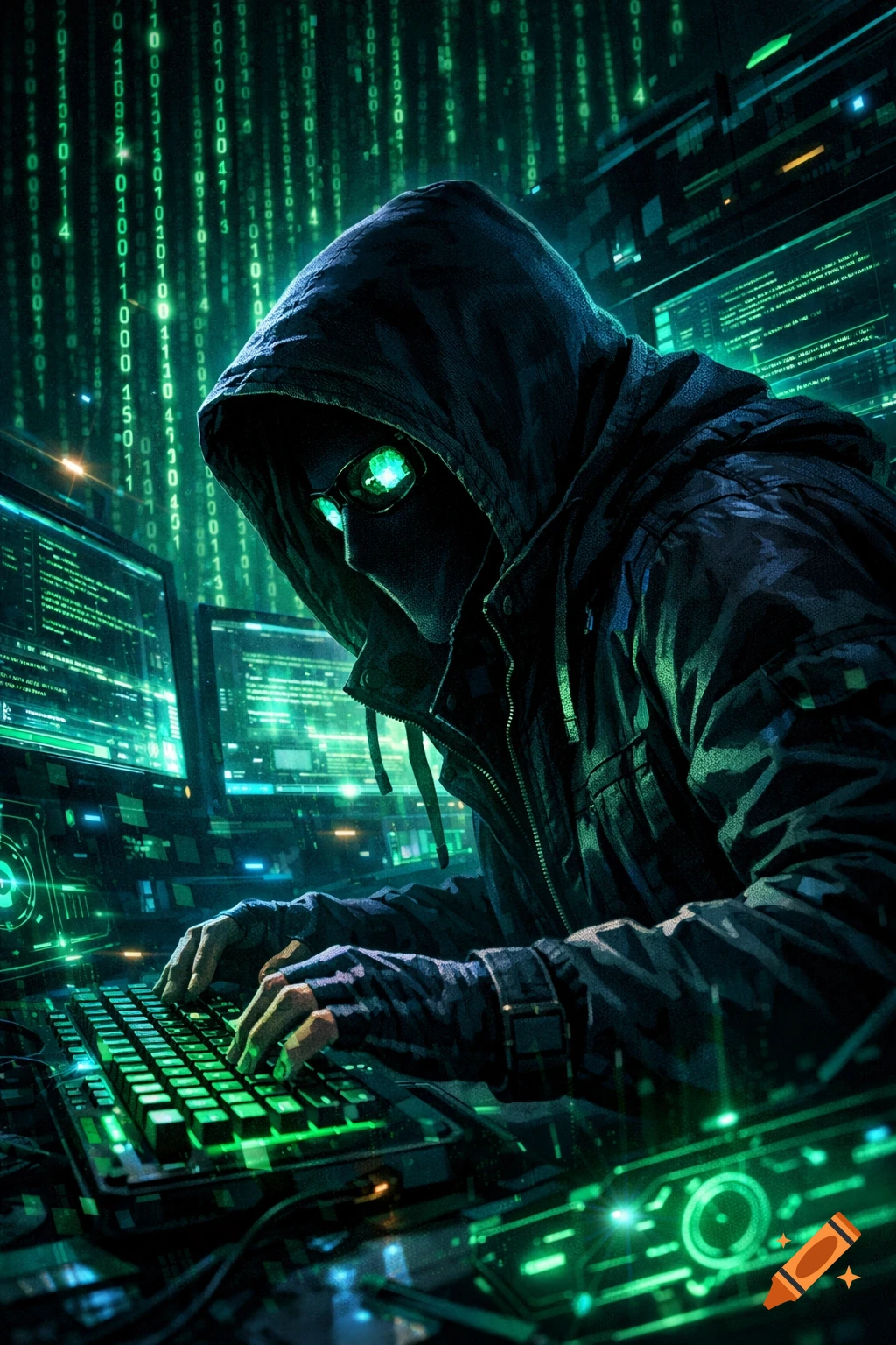 A dark, hooded figure with glowing green glasses types on a keyboard, surrounded by screens displaying vibrant green digital code in a high-tech style.