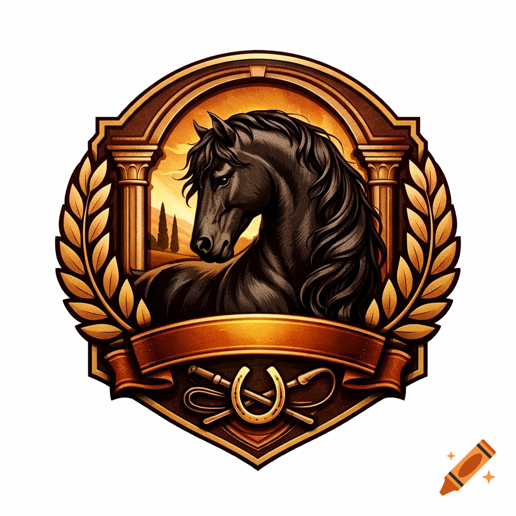 Stylized logo featuring a dark horse bust in a golden emblem with laurel wreaths, a horseshoe, and a riding crop.