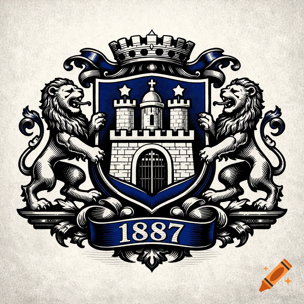 Vintage engraved coat of arms with two lions, a shield featuring a castle, stars, and crown, and a banner with '1887'.