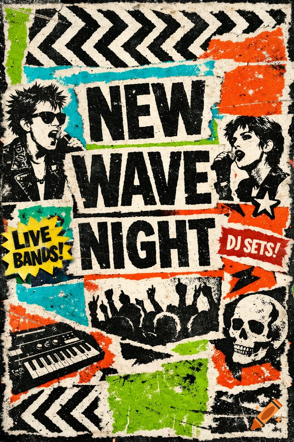 Retro punk collage poster for a 'NEW WAVE NIGHT' with singers, a crowd, keyboard, skull, and torn paper texture.