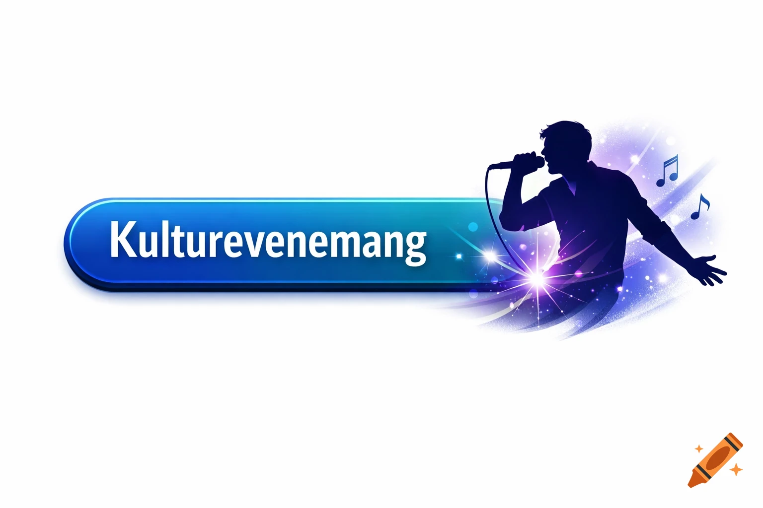 A blue gradient button with the text "Kulturevenemang" next to a silhouetted singer with musical notes and sparkling effects.
