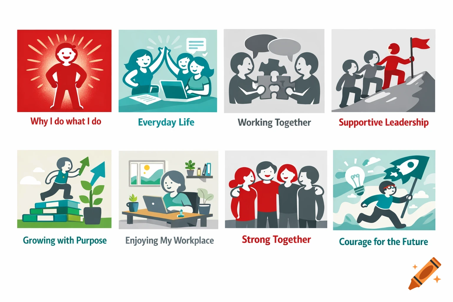 Eight cartoon-like illustrations depict business concepts: meaning, team flow, collaboration, leadership, growth, workplace enjoyment, strong culture, and future courage.