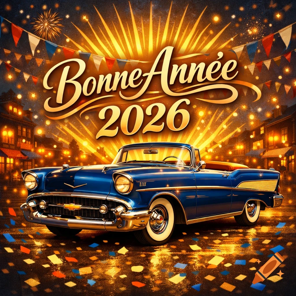 Blue classic convertible car on a sparkling street at night, with 'Bonne Année 2026' text and golden fireworks above, confetti on the ground.