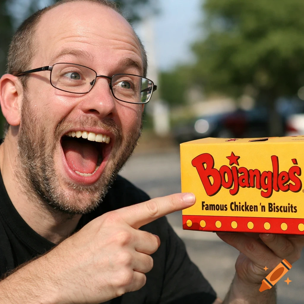 A man with glasses and a beard, mouth open in excitement, points at a Bojangles's Famous Chicken 'n Biscuits box.