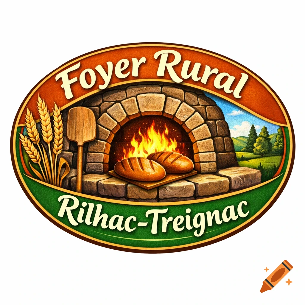 Oval logo with a traditional stone bread oven, bread, wheat, and a rural landscape. Text reads 'Foyer Rural Rilhac-Treignac'.