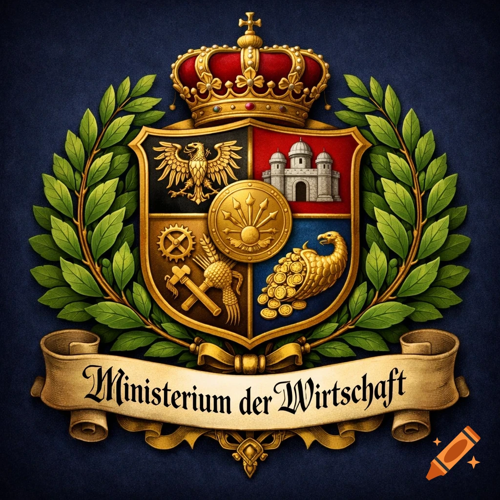 Regal coat of arms with a crown, shield featuring an eagle, castle, tools, and wheat. A banner reads 'Ministerium der Wirtschaft'.