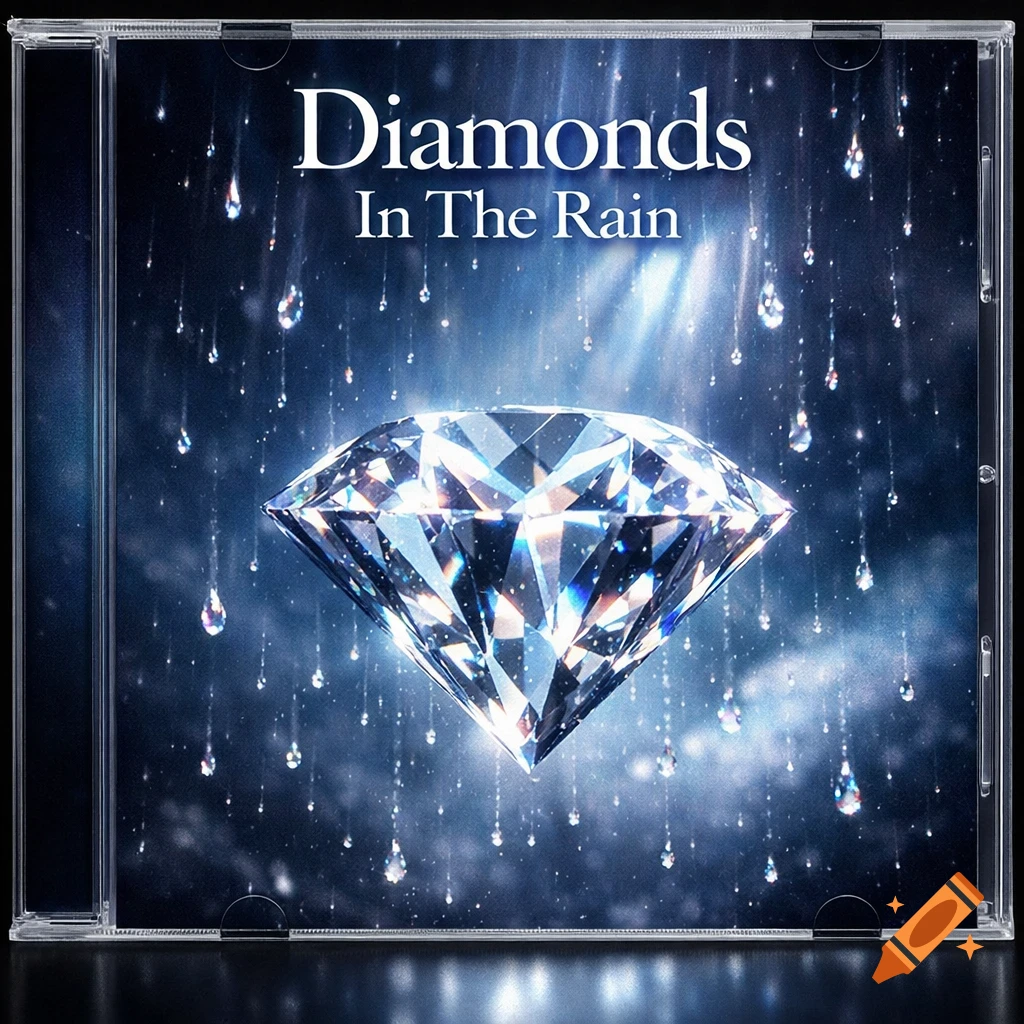 CD album cover featuring a brilliant diamond and falling raindrops on a dark, reflective background, titled 'Diamonds In The Rain'.