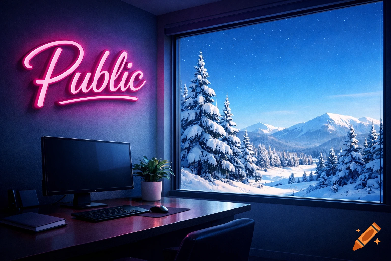 A room with a desk, computer, and a pink "Public" neon sign on the wall, overlooking a vast snowy winter landscape.