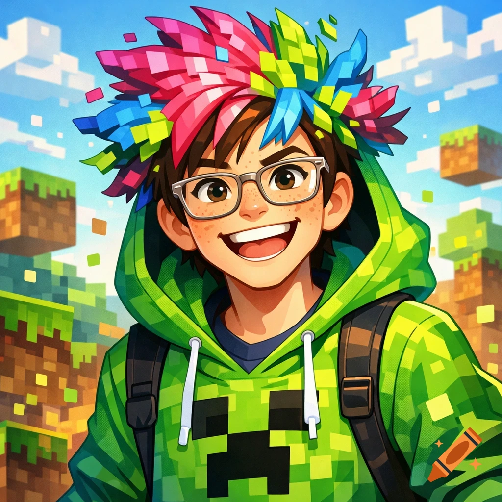 Smiling boy with glasses, green Creeper hoodie, and colorful pixel hair in a stylized Minecraft background.