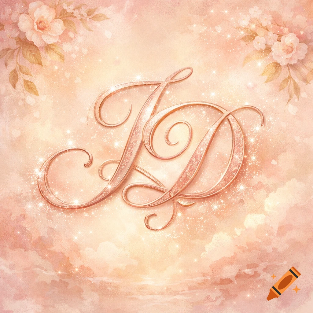 Intertwined rose gold glitter letters 'J' and 'D' on a soft pink watercolor background with delicate floral accents and sparkling effects.