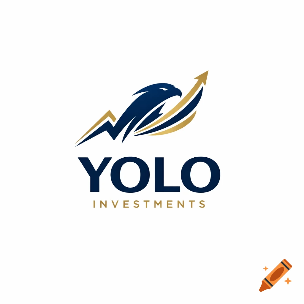 A blue and gold logo for YOLO Investments, featuring an eagle's head in front of an upward-trending chart line.