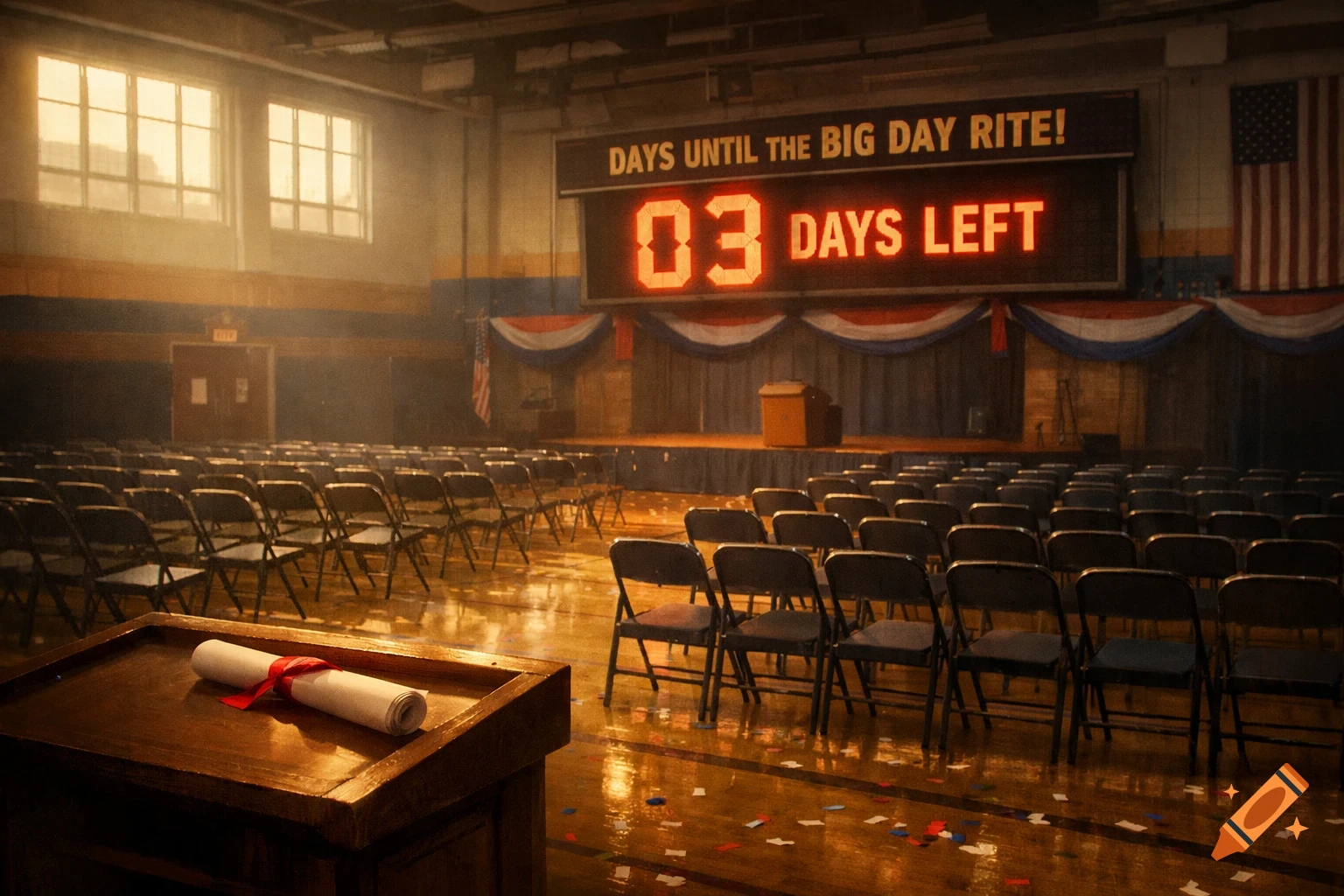 Empty school gymnasium set for an event with rows of chairs, a stage, and a sign displaying '03 DAYS LEFT'. A diploma is on a podium.