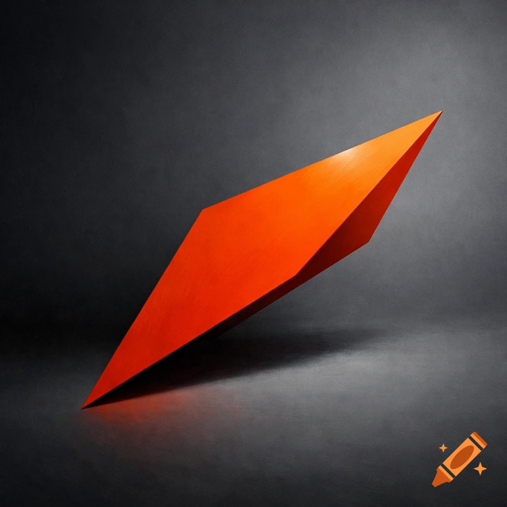 A vibrant orange, sharply angled geometric shape resembling a stylized 'F' against a dark grey background.