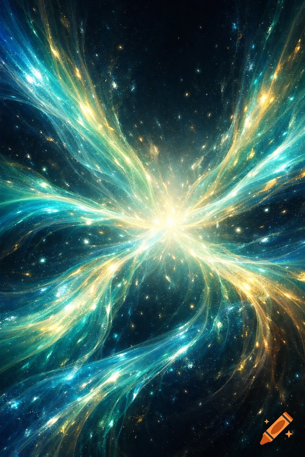 Vibrant teal and gold cosmic light trails radiate from a bright central star in a dark, starry space.