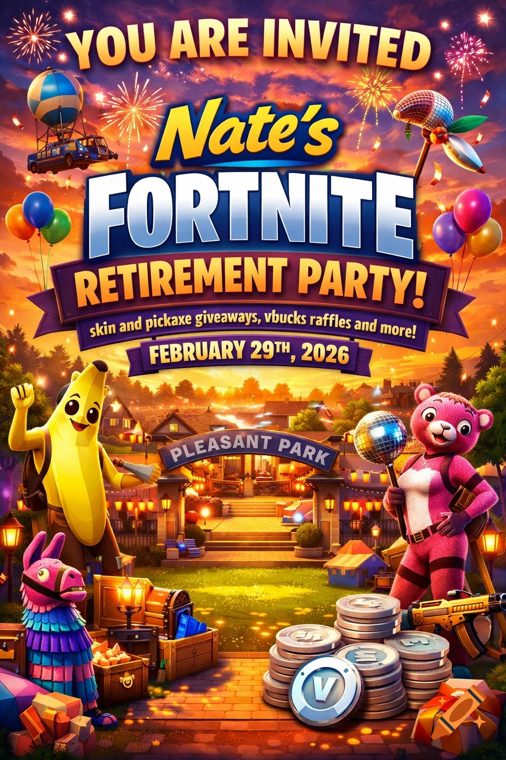 A colorful Fortnite party poster for "Nate's Retirement Party" at Pleasant Park, featuring Banana and Cuddle Team Leader, with fireworks and loot.
