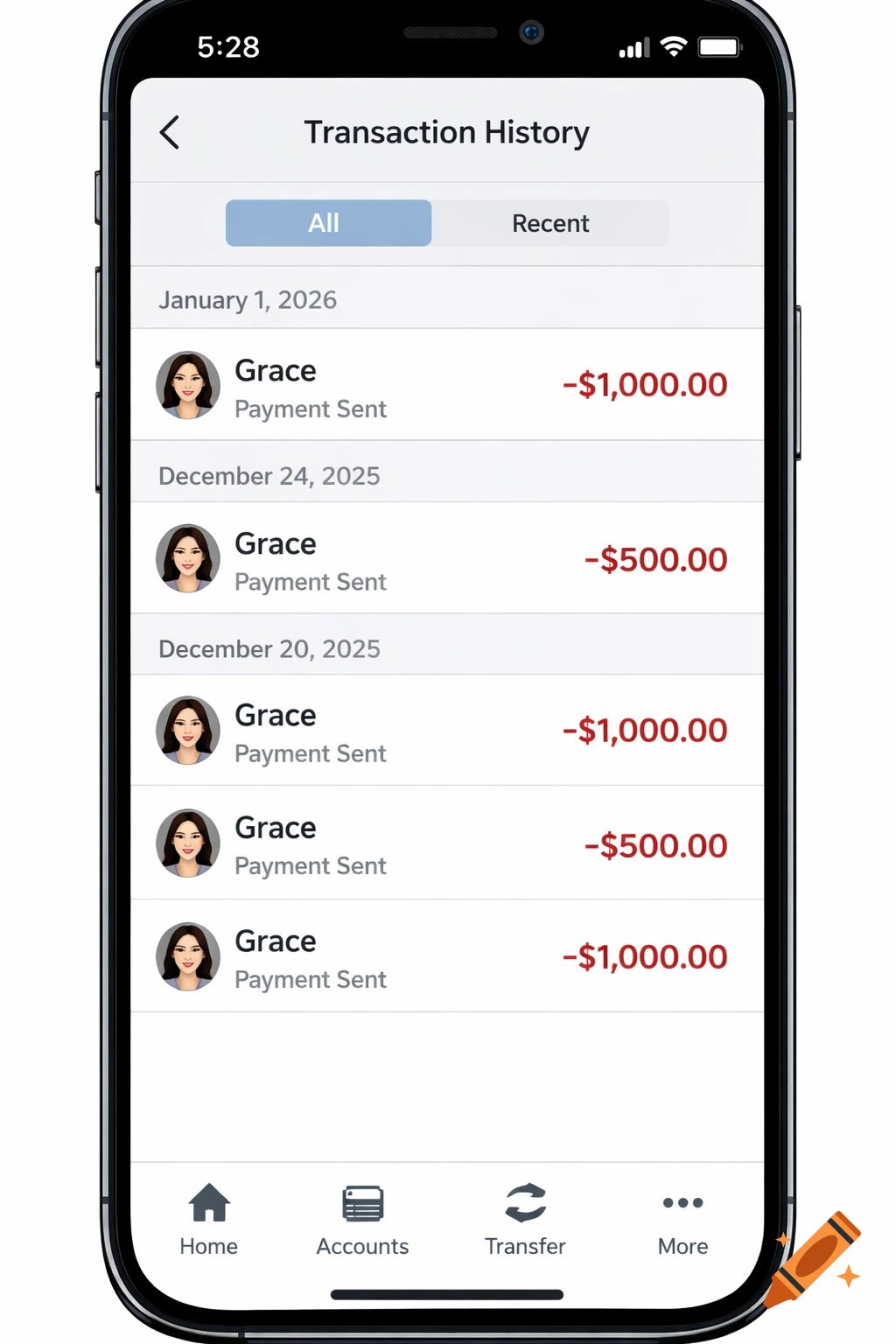 A mobile banking app screenshot displays a transaction history with payments sent to Grace, dated between December 2025 and January 2026.