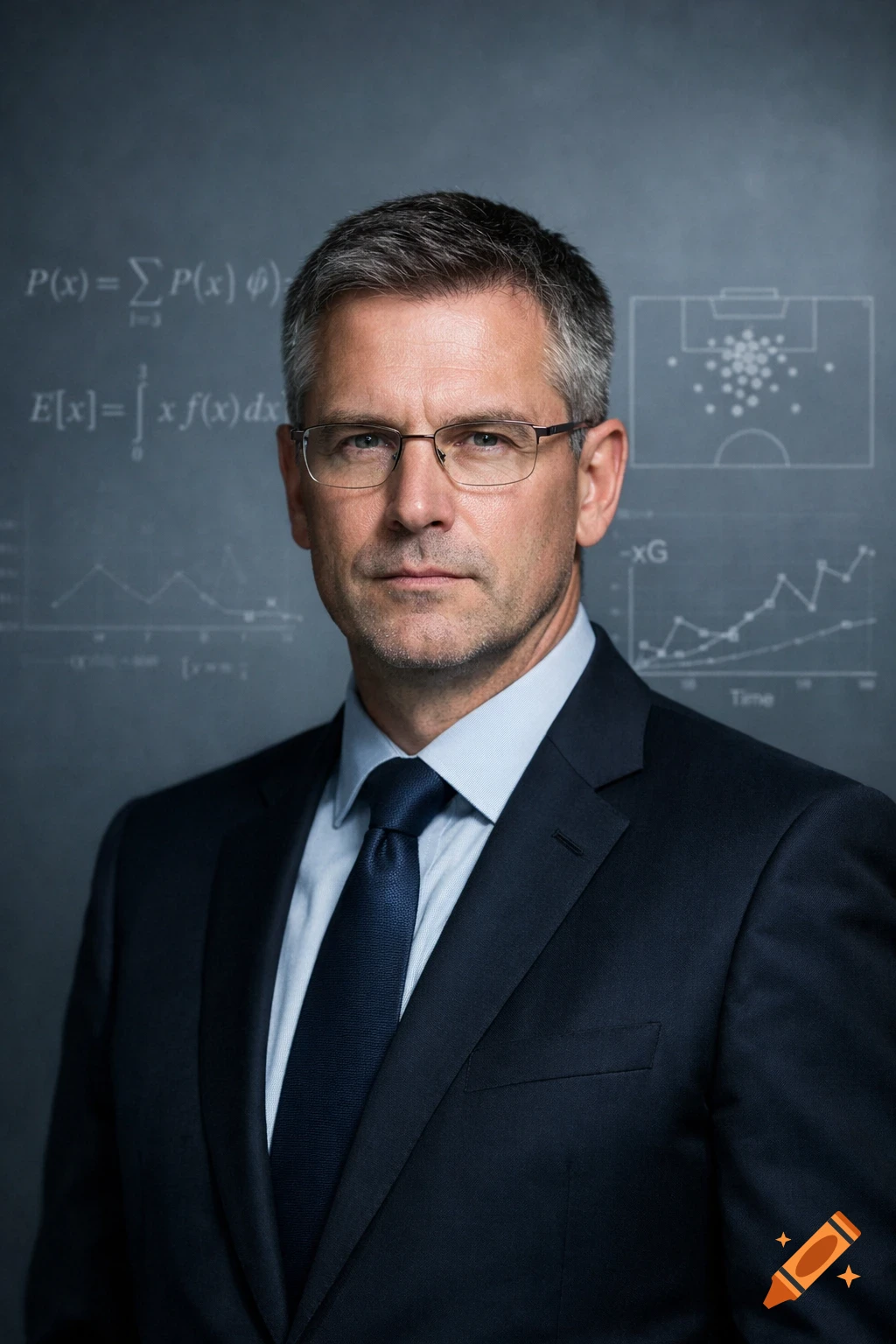 A serious middle-aged man with graying hair and glasses wears a dark navy suit against a gray background with mathematical formulas and charts. Photorealistic style.