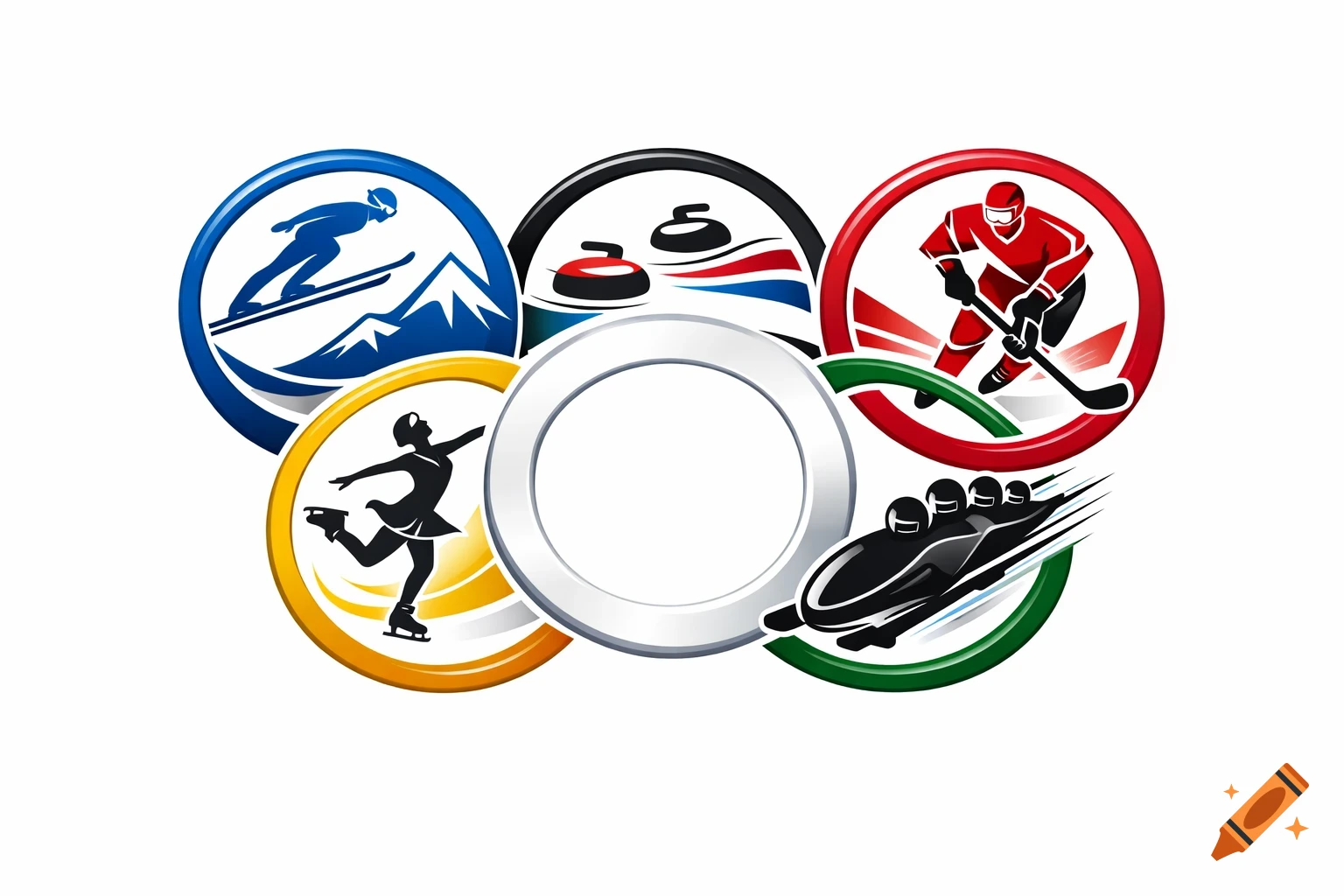 Colorful emblems of five winter Olympic sports: ski jumping, curling, ice hockey, figure skating, and bobsledding, arranged like Olympic rings.