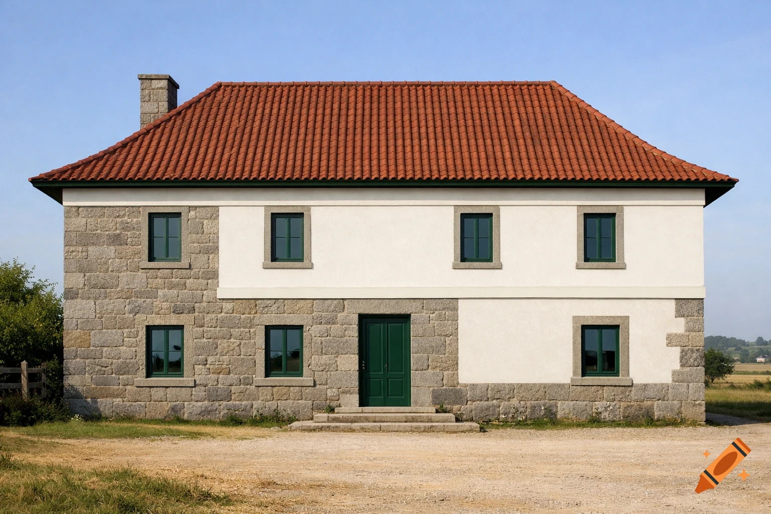 A photorealistic classical house with stone and white walls, green windows and door, and a red tile roof, under a clear sky.
