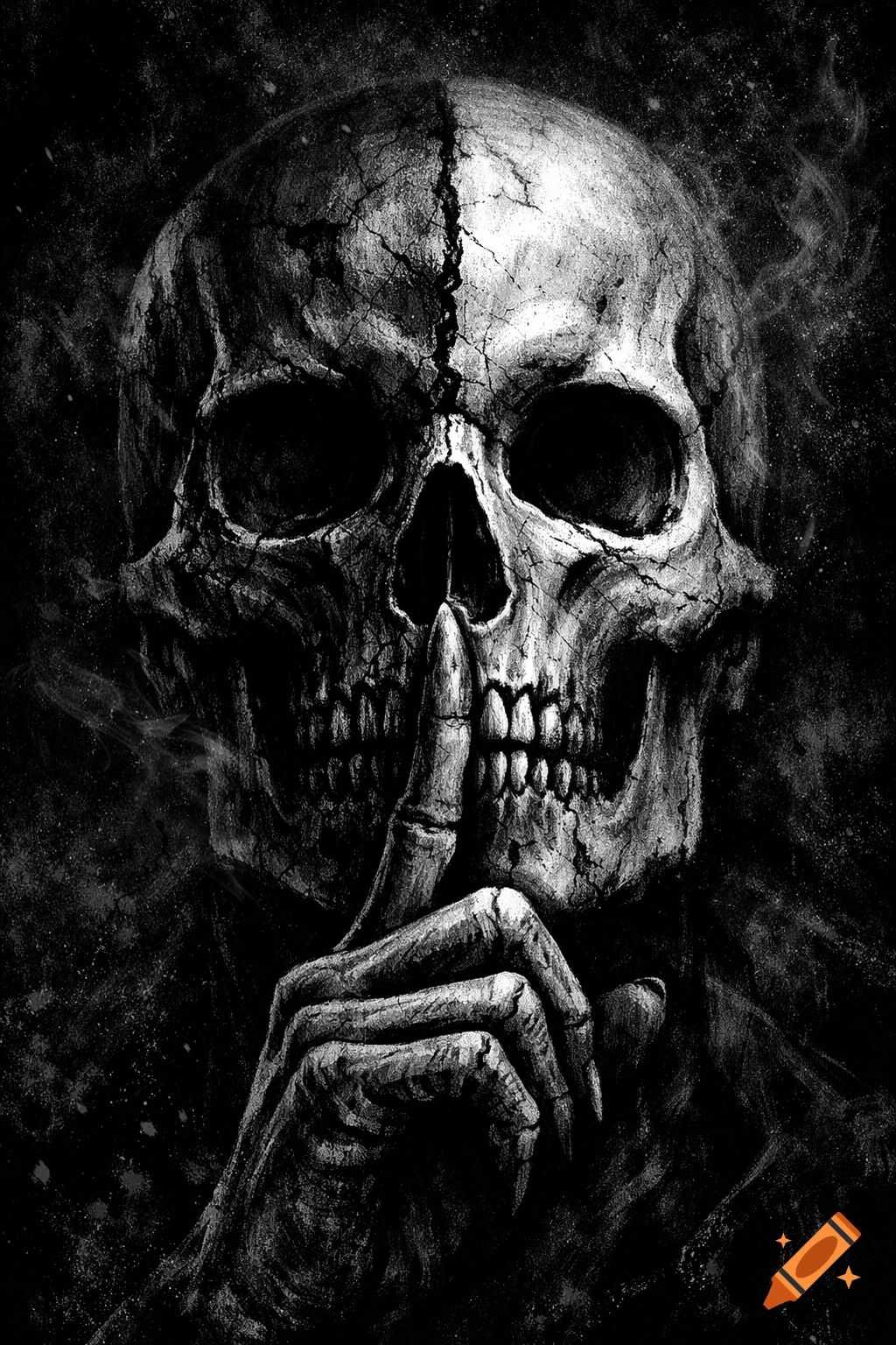 Black and white grunge illustration of a cracked skull with a skeletal finger pressed to its mouth in a "shhh" gesture, against a dark, textured background.