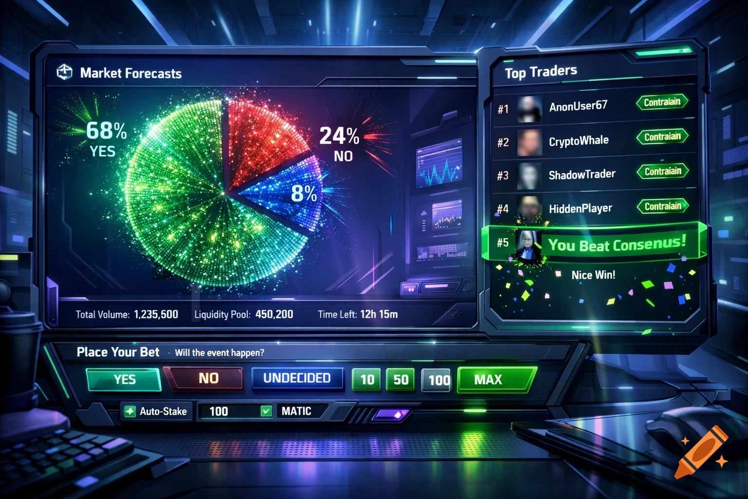 A futuristic cyberpunk web app interface for a probabilistic prediction market, showing a pie chart of market forecasts, a top traders leaderboard, and betting options. Neon green and indigo highlights on a matte gray panel.