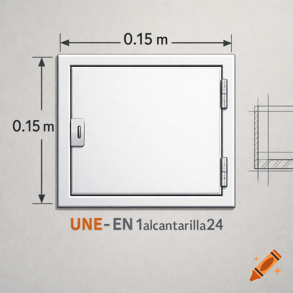 A white 0.15m x 0.15m access panel diagram with a latch, hinges, and the text UNE- EN 1alcantarilla24.