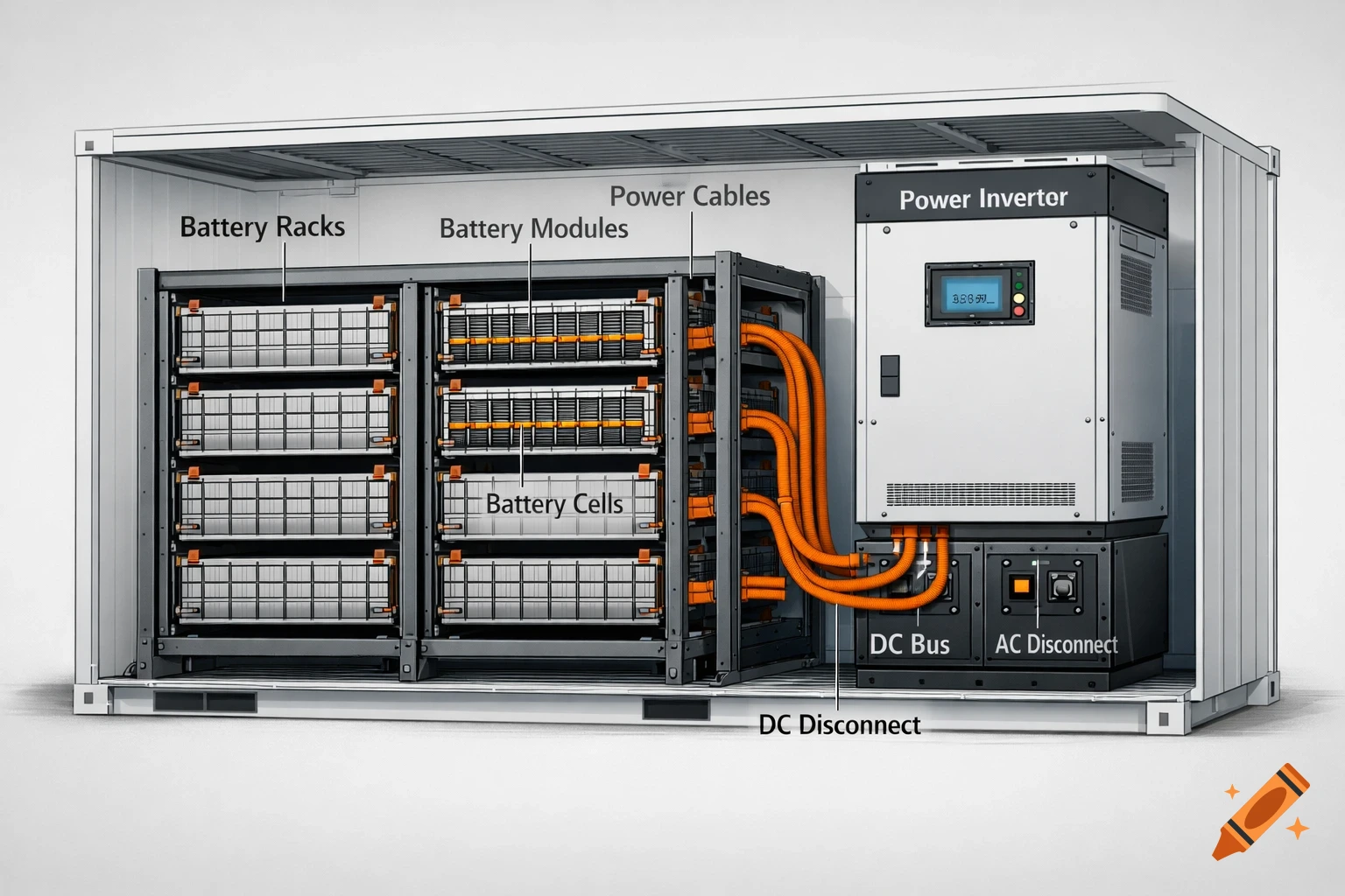 Cross-section diagram of a containerized battery energy storage system showing battery racks, modules, cells, power cables, and power inverter.